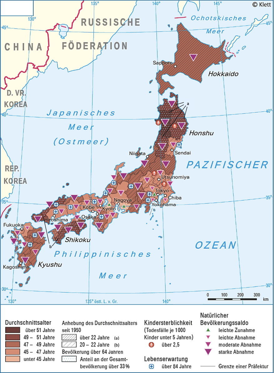 Karte Japans mit Durchschnittsalter, Altersentwicklung, Kindersterblichkeit, Lebenserwartung und natürlichem Bevölkerungssaldo.